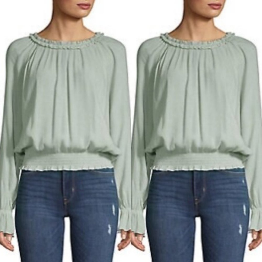 Highline Collective Smocked Long Sleeve Ribbed Blouse In Mint Green size XS